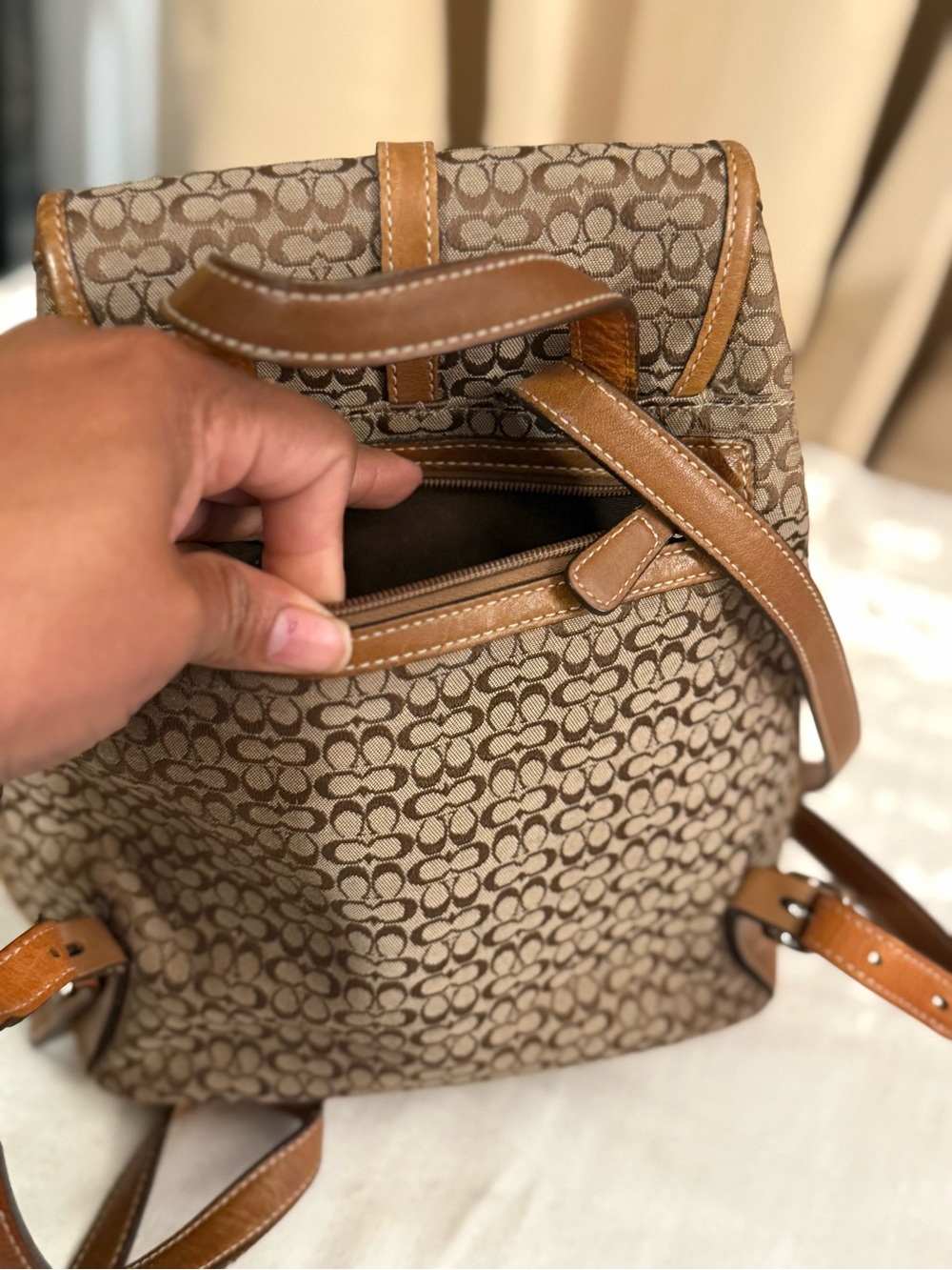 Coach Brown Signature Canvas Backpack with Tan Leather Trim - Picture 3 of 12